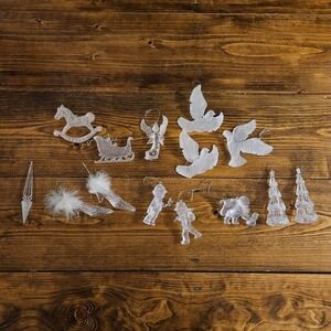 Lot of 14 Clear Acrylic Christmas Ornaments Vintage Doves Trees Shoe Angel